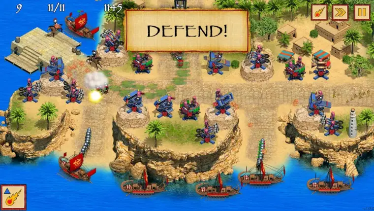 Captura do jogo Defense of Egypt TD Premium com o mapa costeiro e as torres colocadas ao longo do percurso