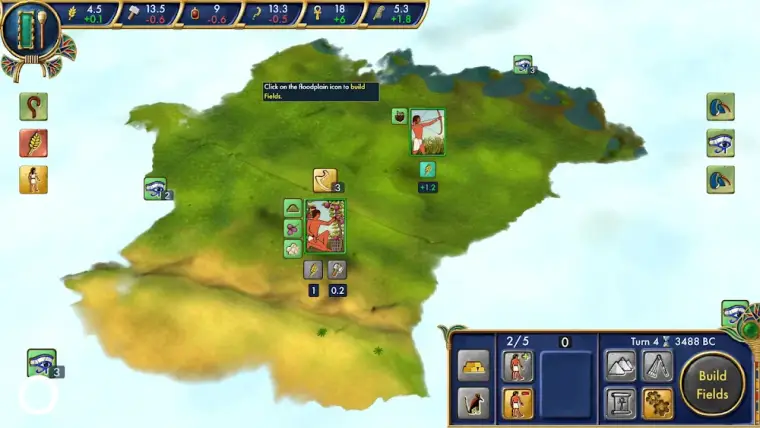 Ecrã de gestão de recursos e expedições em Egypt: Old Kingdom